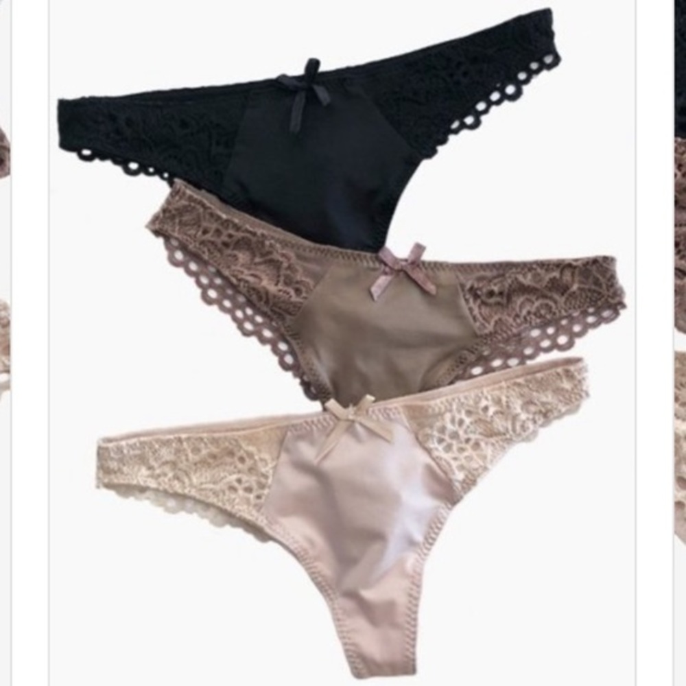 Lace Crochet Silky Thong Panty Set Neutral